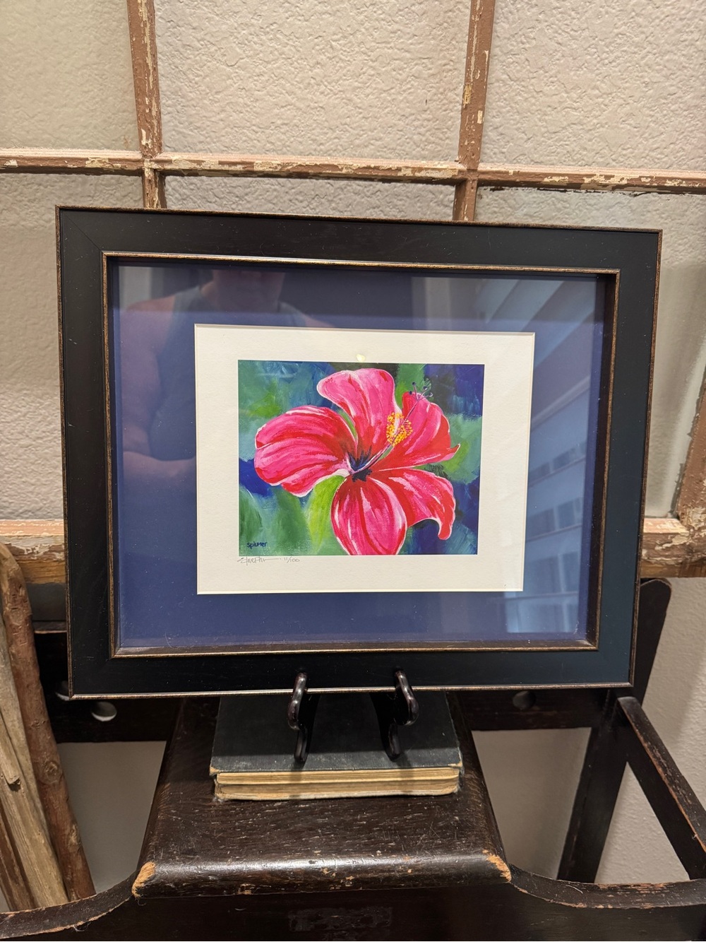 Framed Floral Art Print - Pink Hibiscus with Blue Mat